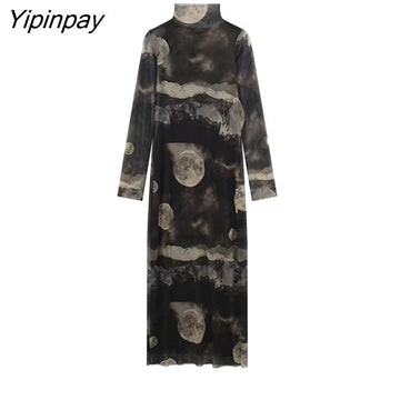 Yipinpay 2023 Ladies Printed Tulle Dresses Vintage Elegant Party Sheath Mid-Calf Dress Long Sleeve Turtleneck Vestidos Spring Autumn